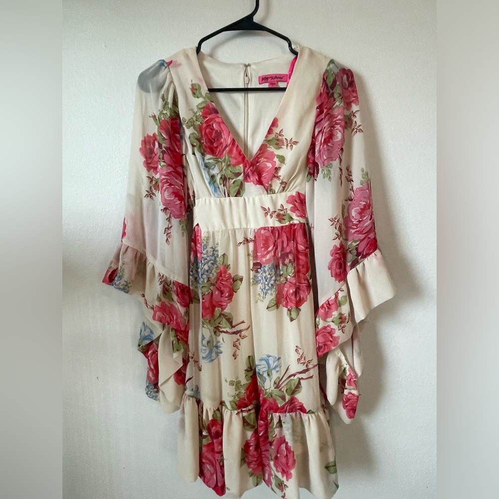 Betsy Johnson Bambi Bell Sleeve Floral Ruffle Dress - Cream with Pink Roses